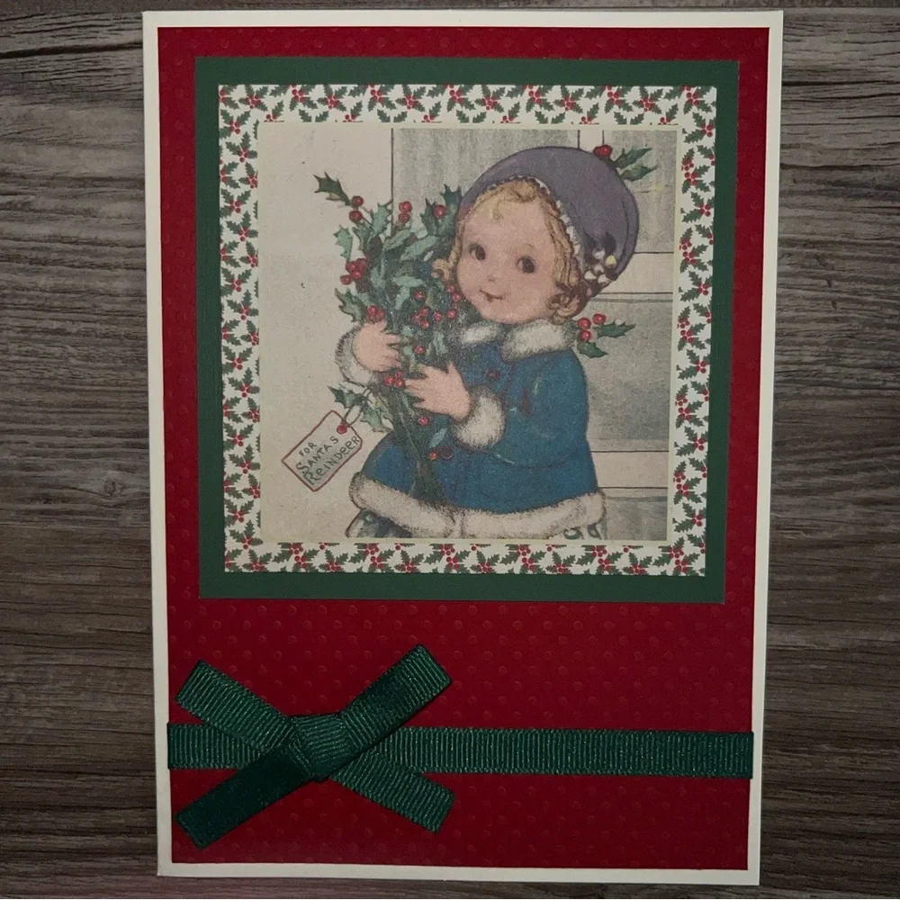 Vintage Style Christmas Greeting Cards with Red and Green Bows With Envelopes